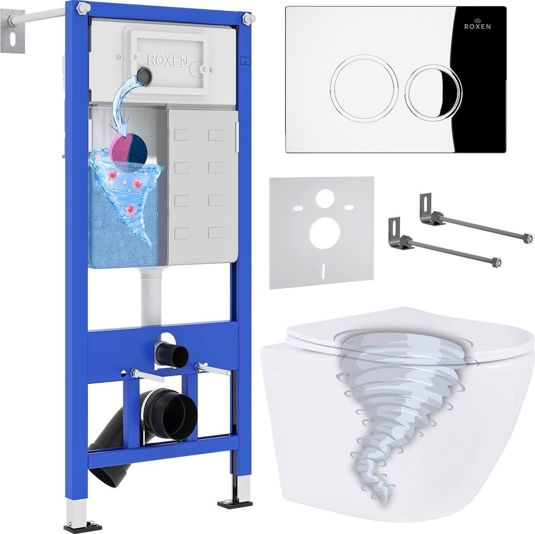 Унитаз подвесной Roxen Antares Tornado Long в комплекте с инсталляцией StounFix Dual Fresh 6 в 1 868426 (кнопка: хром глянцевый глянцевая)