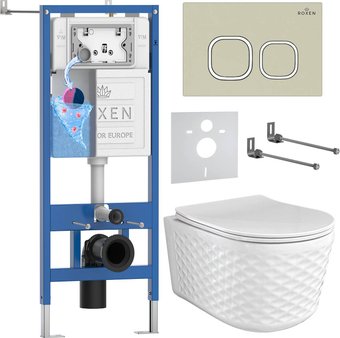 Унитаз подвесной Roxen Vine Tornado в комплекте с инсталляцией StounFix Dual Fresh 6 в 1 979018 (кнопка: бежевый)