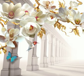 Фотообои ФабрикаФресок 3D Абстракция. Золотые Цветы. Бабочки и Колонны 1023270 (300x270)