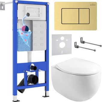Унитаз подвесной Roxen Egg в комплекте с инсталляцией StounFix Dual Fresh 6 в 1 968475 (кнопка: брашированное золото)