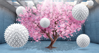 Фотообои ФабрикаФресок 3D Шары на фоне сакуры 835270 (500x270)