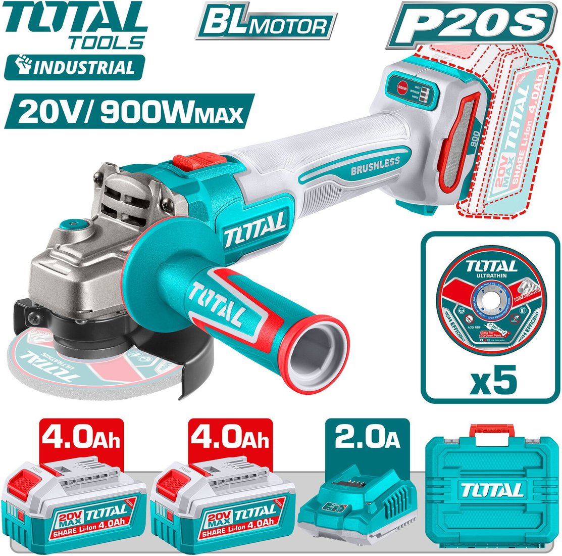 Угловая шлифмашина Total TAGLI261522 (с 2-мя АКБ, кейс)