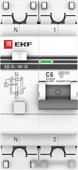 Дифференциальный автомат EKF PROxima АД-32 2P 6А (C) 30мА тип AC 4.5кА DA32-06-30-pro