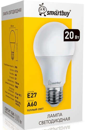 Светодиодная лампочка SmartBuy A60 E27 20Вт 3000К SBL-A60-20-30K-E27