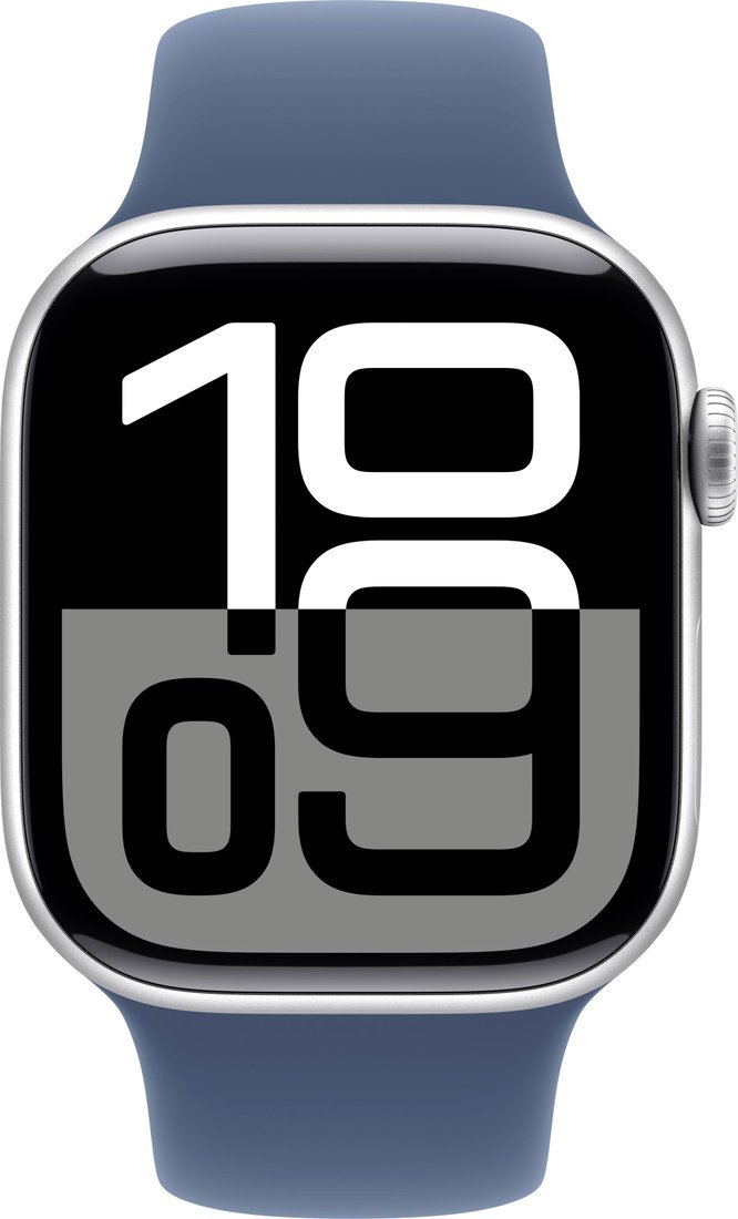 Умные часы Apple Watch Series 10 42 мм (алюминиевый корпус, серебристый/синий, спортивный силиконовый ремешок M/L)