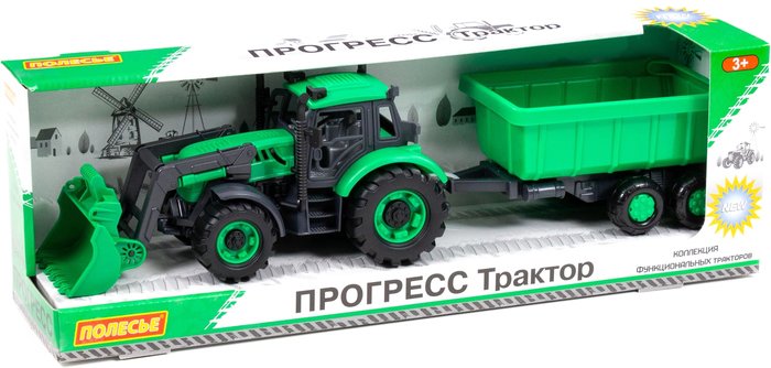 Трактор Полесье Прогресс с прицепом и ковшом 91840 (зелёный)