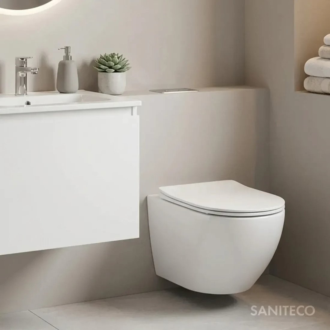 Унитаз подвесной Saniteco Rimless R-203 + GROHE Rapid SL 38772001 (с кнопкой хром)