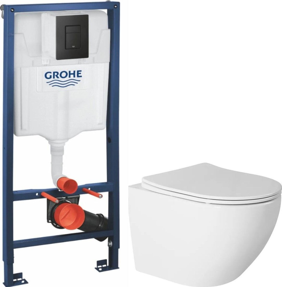 Унитаз подвесной Saniteco Torando T-203W + GROHE Solido 38811KF0 (с кнопкой черный матовый)