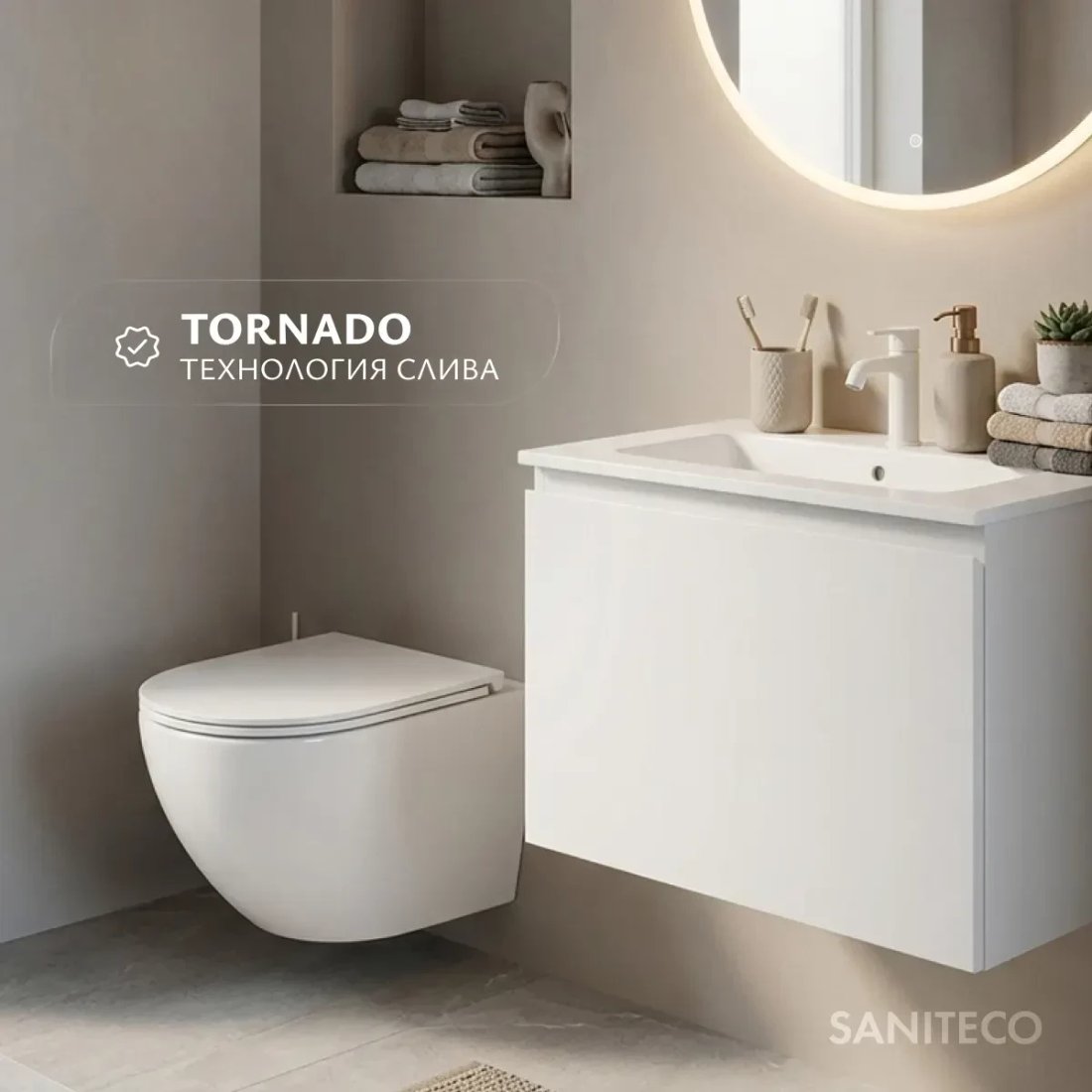 Унитаз подвесной Saniteco Rimless R-203M + 501 + K01-PGG (с кнопкой, хром глянцевый)