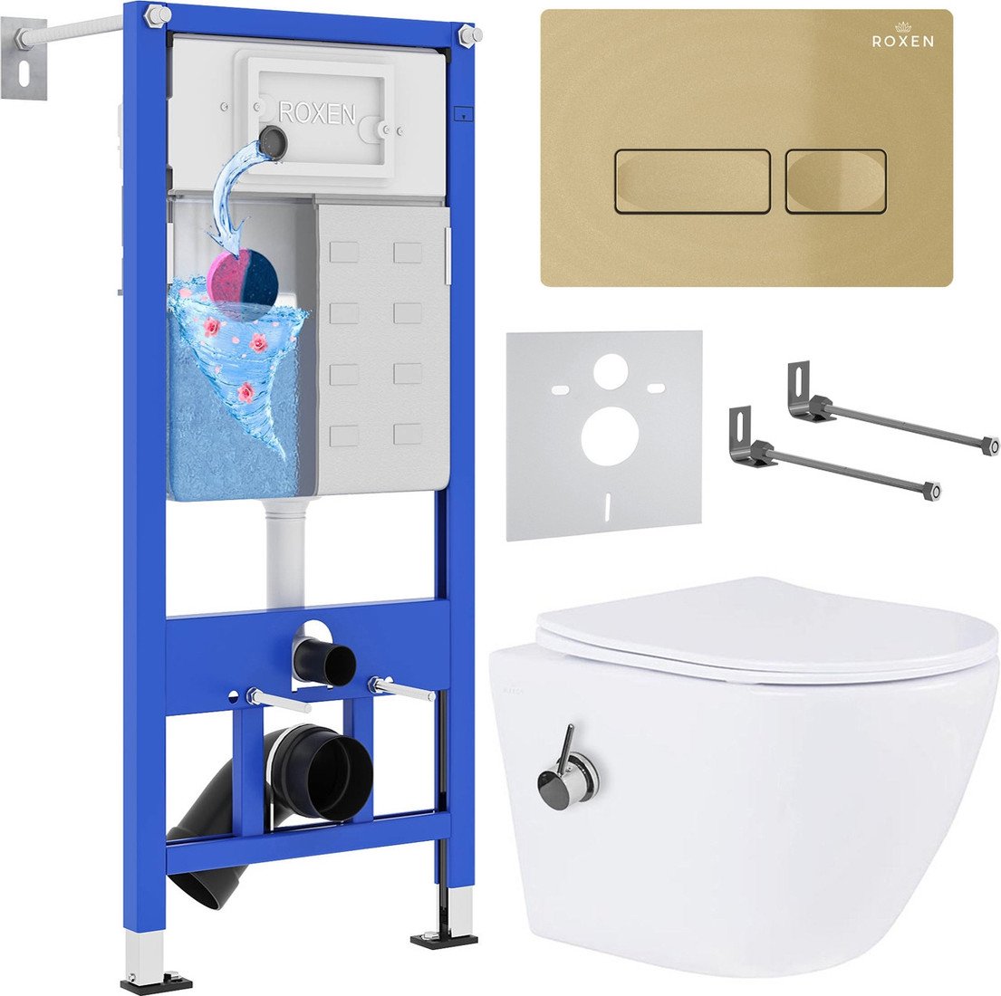 Унитаз подвесной Roxen Antares Bidet в комплекте с инсталляцией StounFix Dual Fresh 6 в 1 968099 (кнопка: брашированное золото)