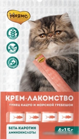 Лакомство для кошек Мнямс Крем-лакомство с тунцом Кацуо и морским гребешком 15 г (4 шт) Лакомство для кошек Мнямс Крем-лакомство с тунцом Кацуо и морским гребешком 15 г (4 шт)