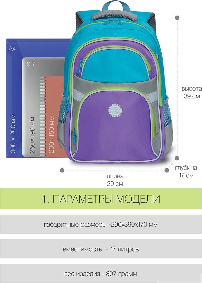 Школьный рюкзак Grizzly RG-167-2 (бирюзовый/фиолетовый/серый)
