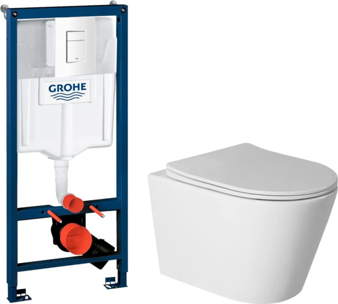 Унитаз подвесной Saniteco Torando T-201W + GROHE Rapid SL 38772SH0 (с кнопкой белый глянец)