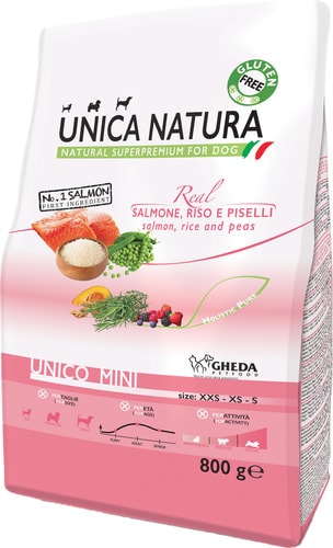 Сухой корм для собак Unica Natura Unico Mini с лососем, рисом и горохом 800 г