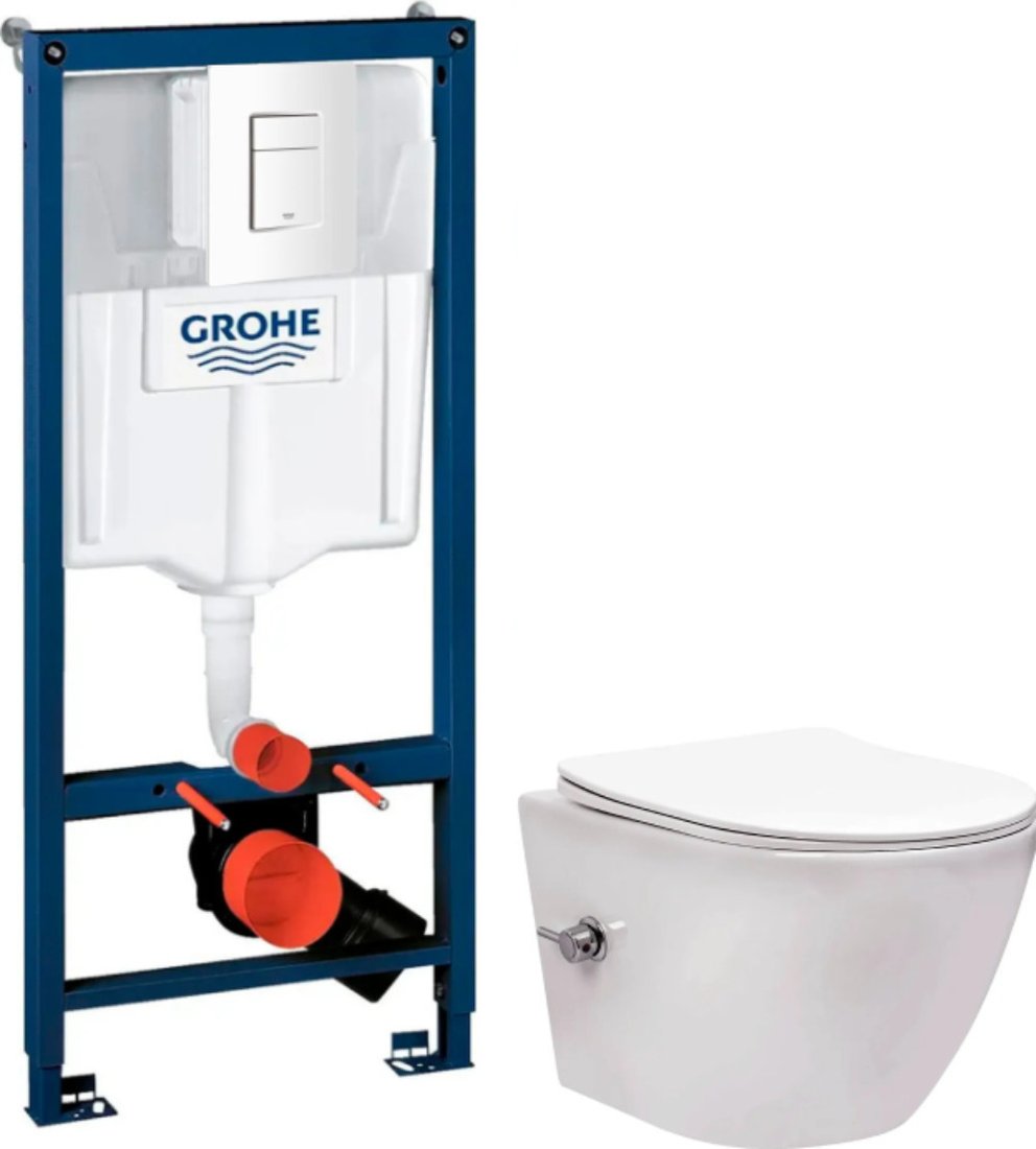Унитаз подвесной Saniteco Rimless RT-203-B + GROHE Rapid SL 38772SH0 (c функцией биде/кнопка белый глянец)