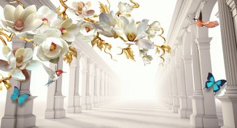 Фотообои ФабрикаФресок 3D Абстракция. Золотые Цветы. Бабочки и Колонны 1025270 (500x270)