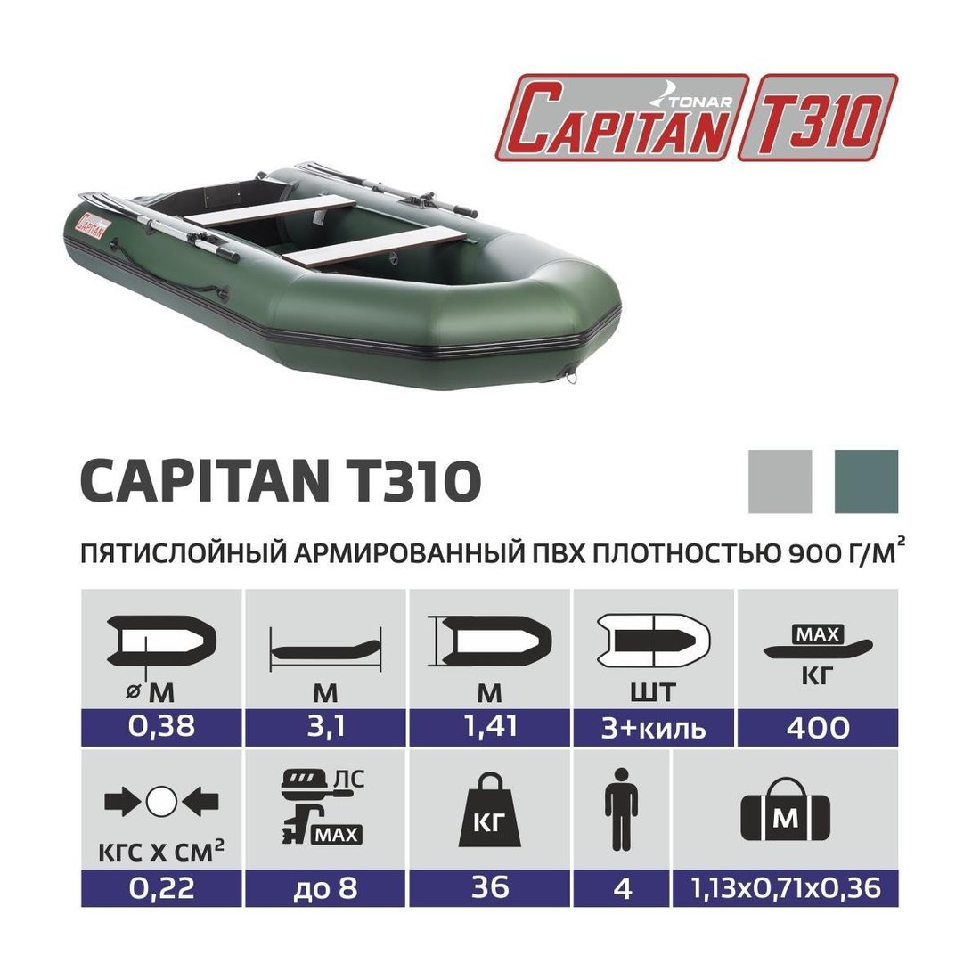 Моторно-гребная лодка Тонар Капитан Т310 киль+пол (зеленый)