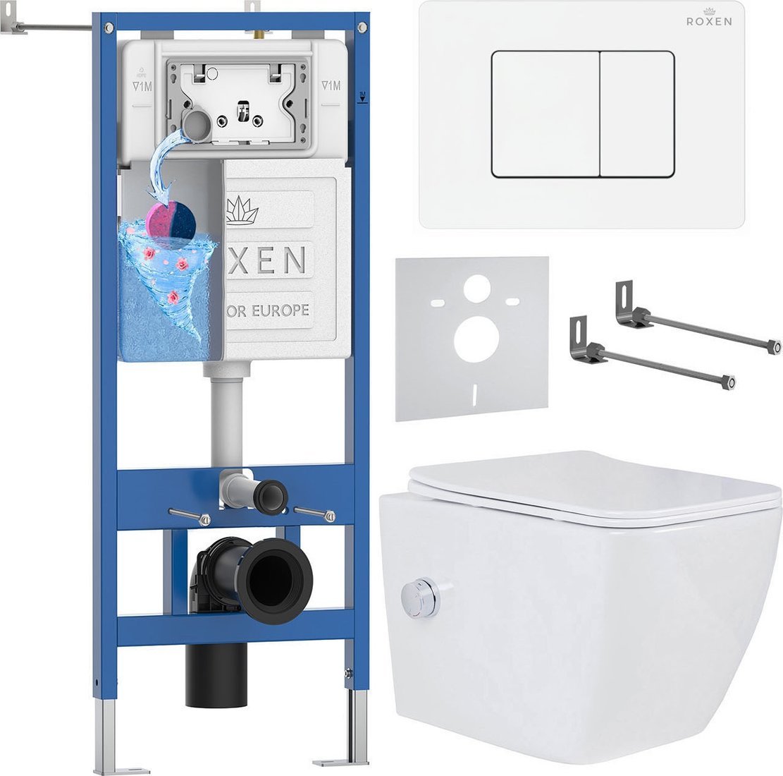 Унитаз подвесной Roxen Cube Tornado Bidet в комплекте с инсталляцией StounFix Dual Fresh 6 в 1 868630 (кнопка: брашированное золото матовая)