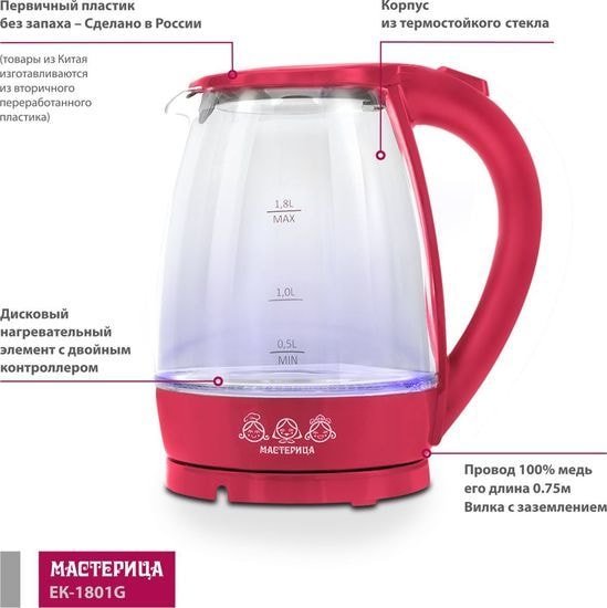 Электрочайник Мастерица EK-1801G (красный)