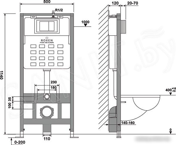 Унитаз подвесной Roxen Simple Compact в комплекте с инсталляцией StounFix Slim 6 в 1 966686 (кнопка: бежевый)