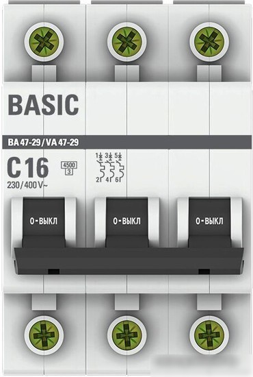 Выключатель автоматический EKF ВА 47-29 3P 16А (С) 4.5кА mcb4729-3-16C