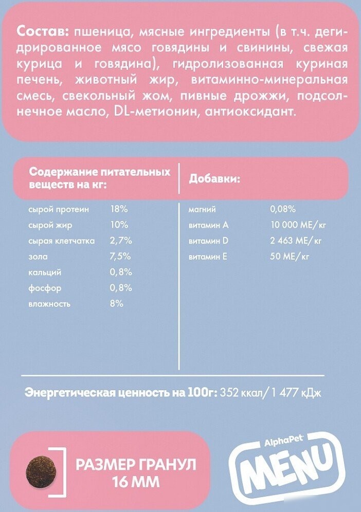 Сухой корм для собак AlphaPet Menu для всех пород с говядиной 15 кг