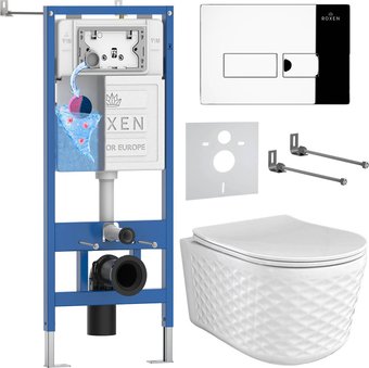 Унитаз подвесной Roxen Vine Tornado в комплекте с инсталляцией StounFix Dual Fresh 6 в 1 979002 (кнопка: хром глянцевый)