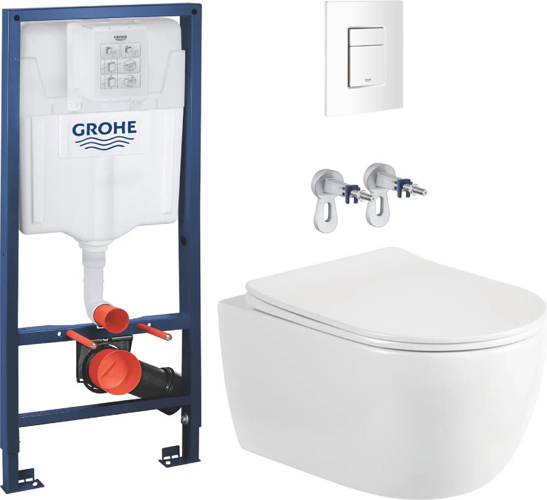 Унитаз подвесной Saniteco Rimless R-209W + GROHE Rapid SL 38772SH0 (с кнопкой белый глянец)