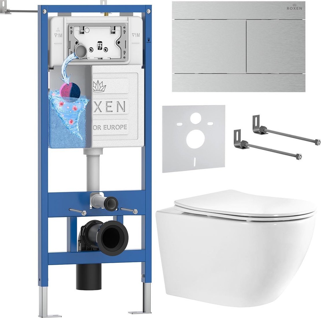 Унитаз подвесной Roxen Antares Tornado Long в комплекте с инсталляцией StounFix Dual Fresh 6 в 1 868459 (кнопка: сатин матовая)