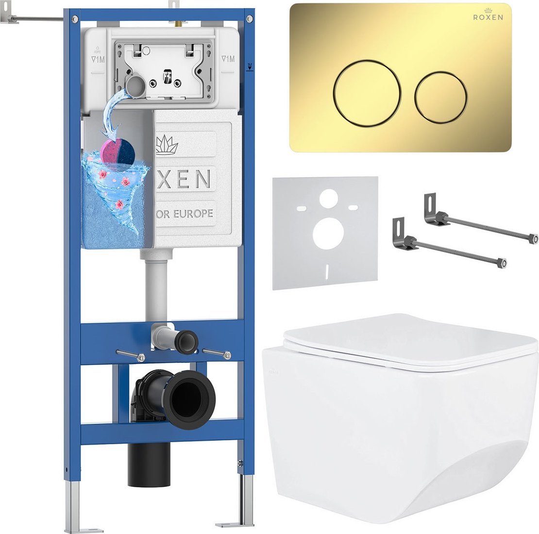 Унитаз подвесной Roxen Boro в комплекте с инсталляцией StounFix Dual Fresh 6 в 1 868473 (кнопка: золото глянцевая)