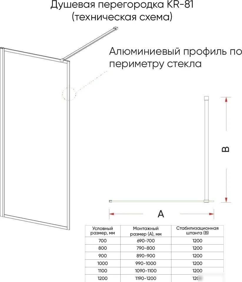 Душевая стенка Veconi 100x200 KR81B-100-01-C8 (стекло прозрачное/черный)