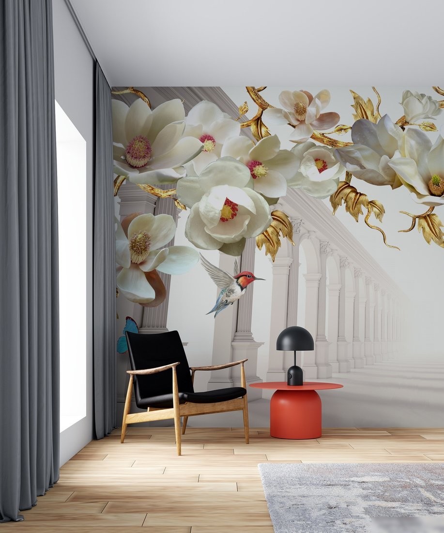 Фотообои ФабрикаФресок 3D Абстракция. Золотые Цветы. Бабочки и Колонны 1023270 (300x270)