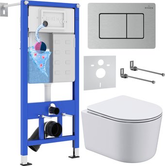 Унитаз подвесной Roxen Simple compact в комплекте с инсталляцией StounFix Dual Fresh 6 в 1 968486 (кнопка: сатин)