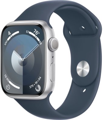 Умные часы Apple Watch Series 9 45 мм (алюминиевый корпус, серебристый/грозовой синий, спортивный силиконовый ремешок M/L)