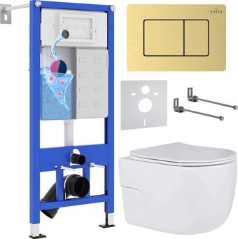 Унитаз подвесной Roxen Porto в комплекте с инсталляцией StounFix Dual Fresh 6 в 1 968478 (кнопка: брашированное золото)