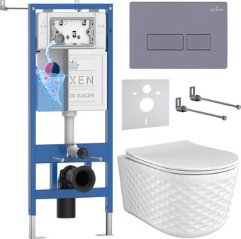 Унитаз подвесной Roxen Vine Tornado в комплекте с инсталляцией StounFix Dual Fresh 6 в 1 979005 (кнопка: серый гранит)