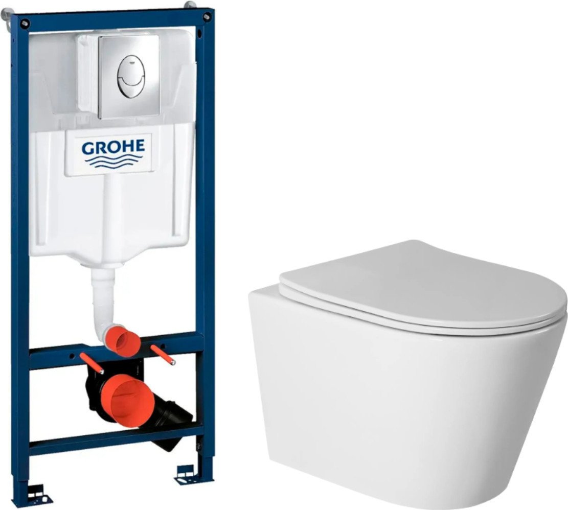 Унитаз подвесной Saniteco Torando T-201W + GROHE Rapid SL 38721001 (с кнопкой хром глянец)