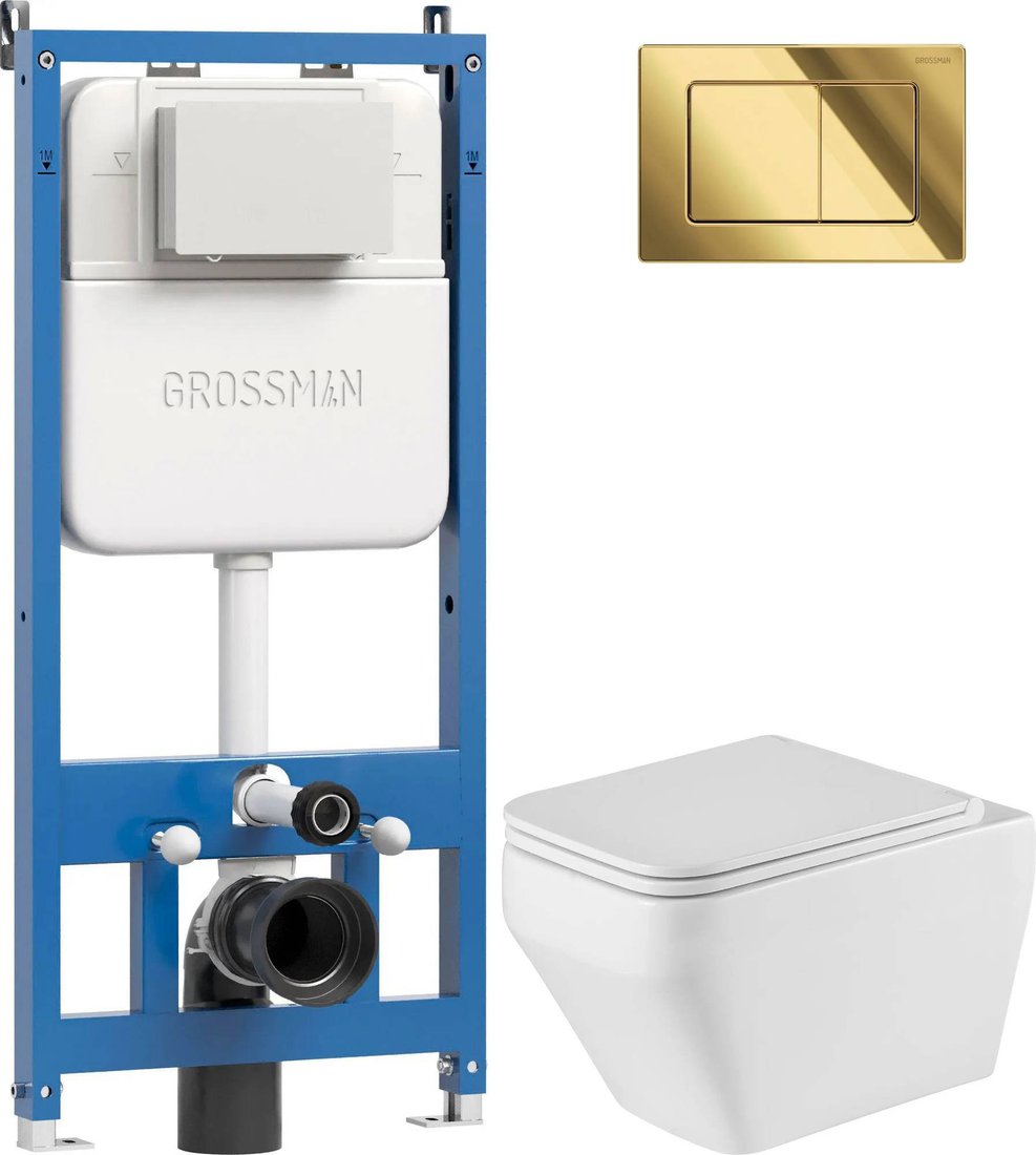 Унитаз подвесной Grossman GR-4410SQ + 900.K42.01.000 + Classic 700.K45.04.30M.30M (золотой глянцевый)