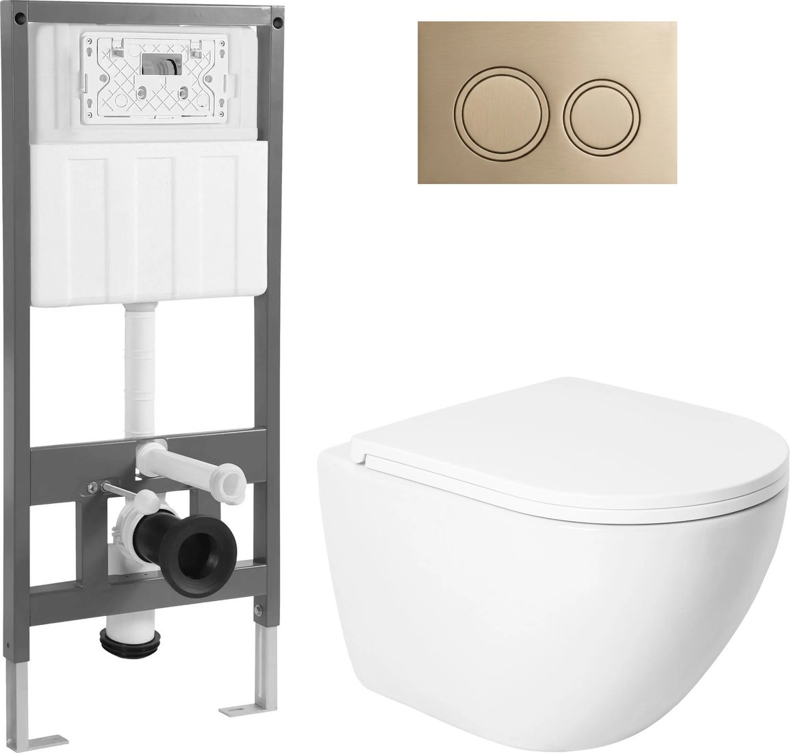 Унитаз подвесной Saniteco KW-9003WT + 501 + K01-PRG (с кнопкой, матовое золото)