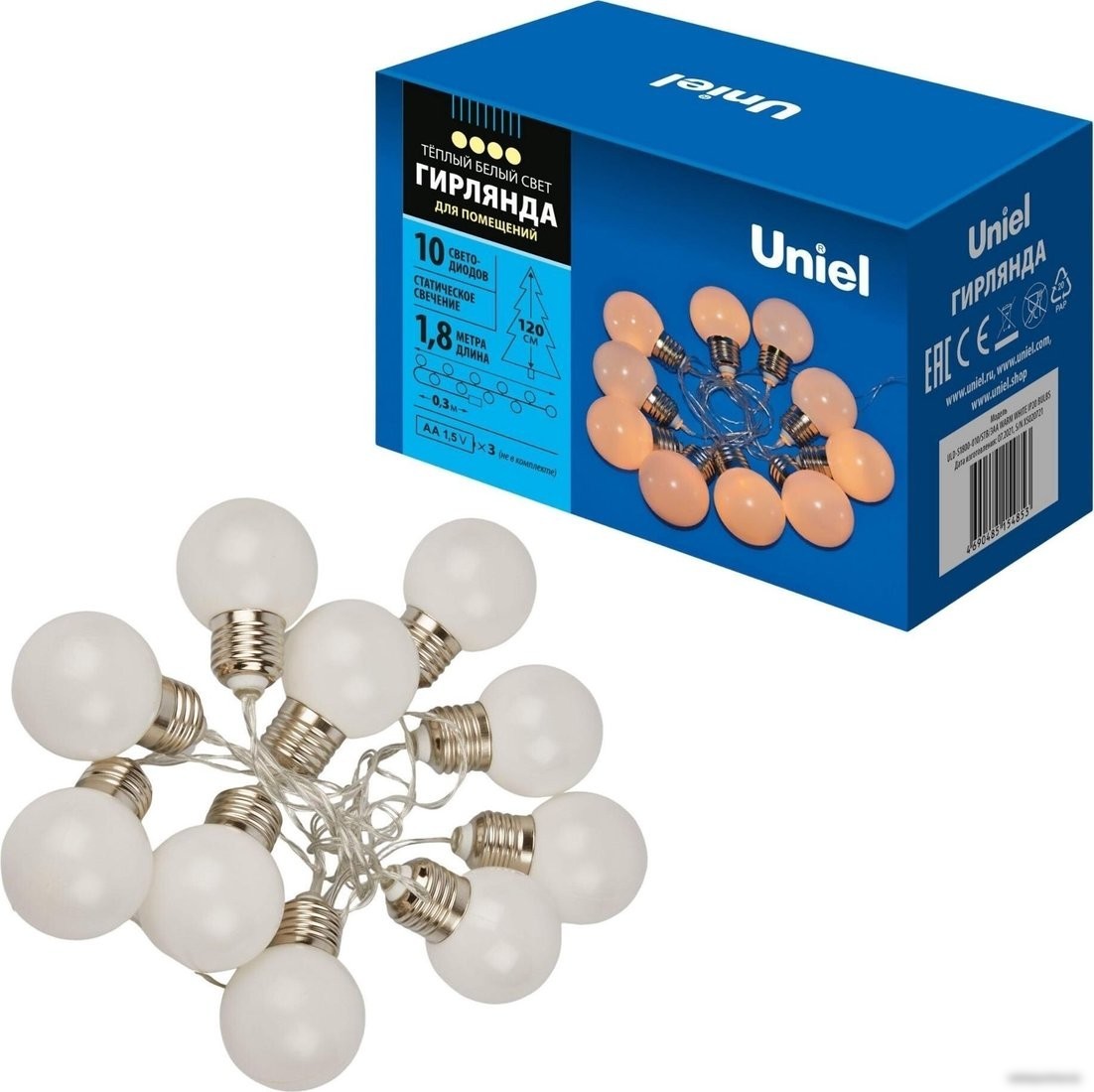 Новогодняя гирлянда Uniel ULD-S1800-010/STB/3AA WARM WHITE IP20 BULBS UL-00008421