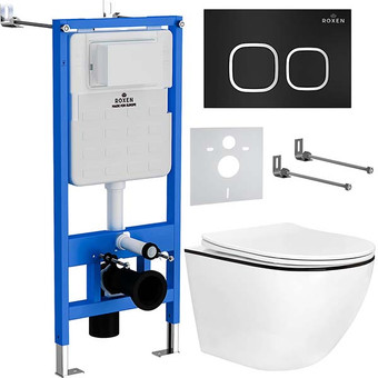 Унитаз подвесной Roxen Antares Black в комплекте с инсталляцией StounFix Slim 6 в 1 964681 (кнопка: черный матовый)