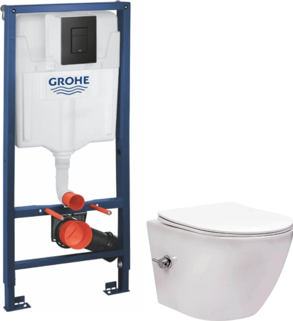 Унитаз подвесной Saniteco Rimless RT-203-B + GROHE Solido 38811KF0 (c функцией биде/кнопка черный матовый)