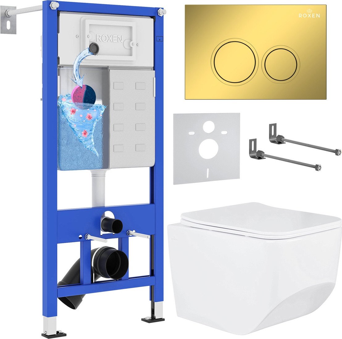 Унитаз подвесной Roxen Boro в комплекте с инсталляцией StounFix Dual Fresh 6 в 1 968023 (кнопка: золото глянцевое )