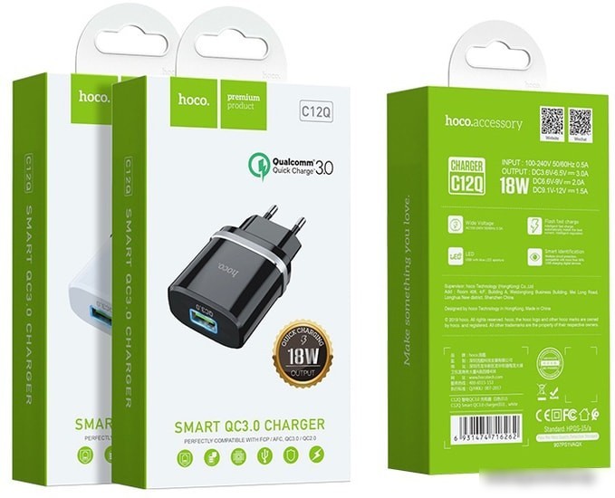 Сетевое зарядное Hoco C12Q Smart (черный)