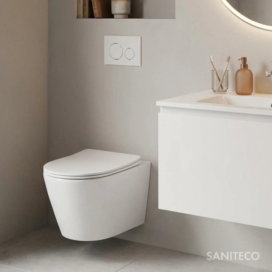 Унитаз подвесной Saniteco Torando T-201W + GROHE Rapid SL 38772001 (с кнопкой хром)