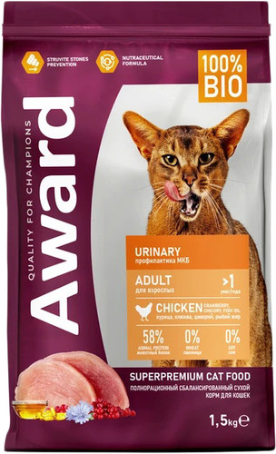 Сухой корм для кошек Award Adult Urinary (для профилактики мочекаменной болезни с курицей с добавлением клюквы, цикория и рыбьего жира) 1.5 кг