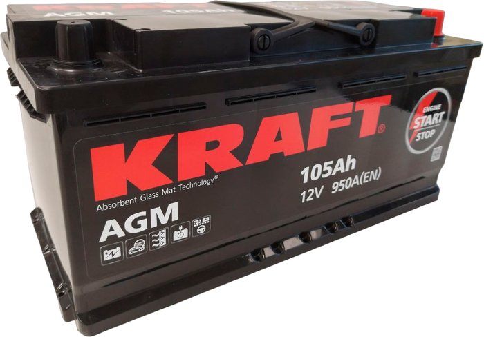 Автомобильный аккумулятор KRAFT AGM 105 R+