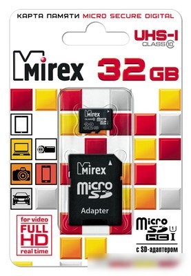 Карта памяти Mirex microSDHC UHS-I (Class 10) 32GB + адаптер [13613-ADSUHS32]