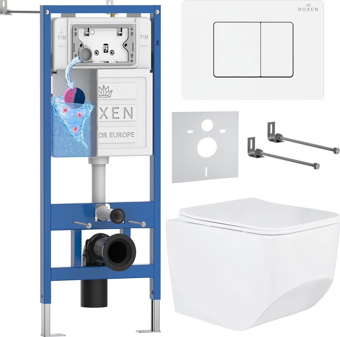 Унитаз подвесной Roxen Boro в комплекте с инсталляцией StounFix Dual Fresh 6 в 1 868631 (кнопка: брашированное золото матовая)