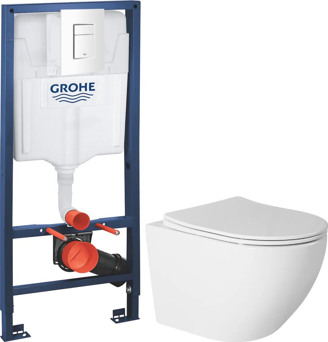 Унитаз подвесной Saniteco Torando T-203W + GROHE Rapid SL 38772SH0 (с кнопкой белый глянец)